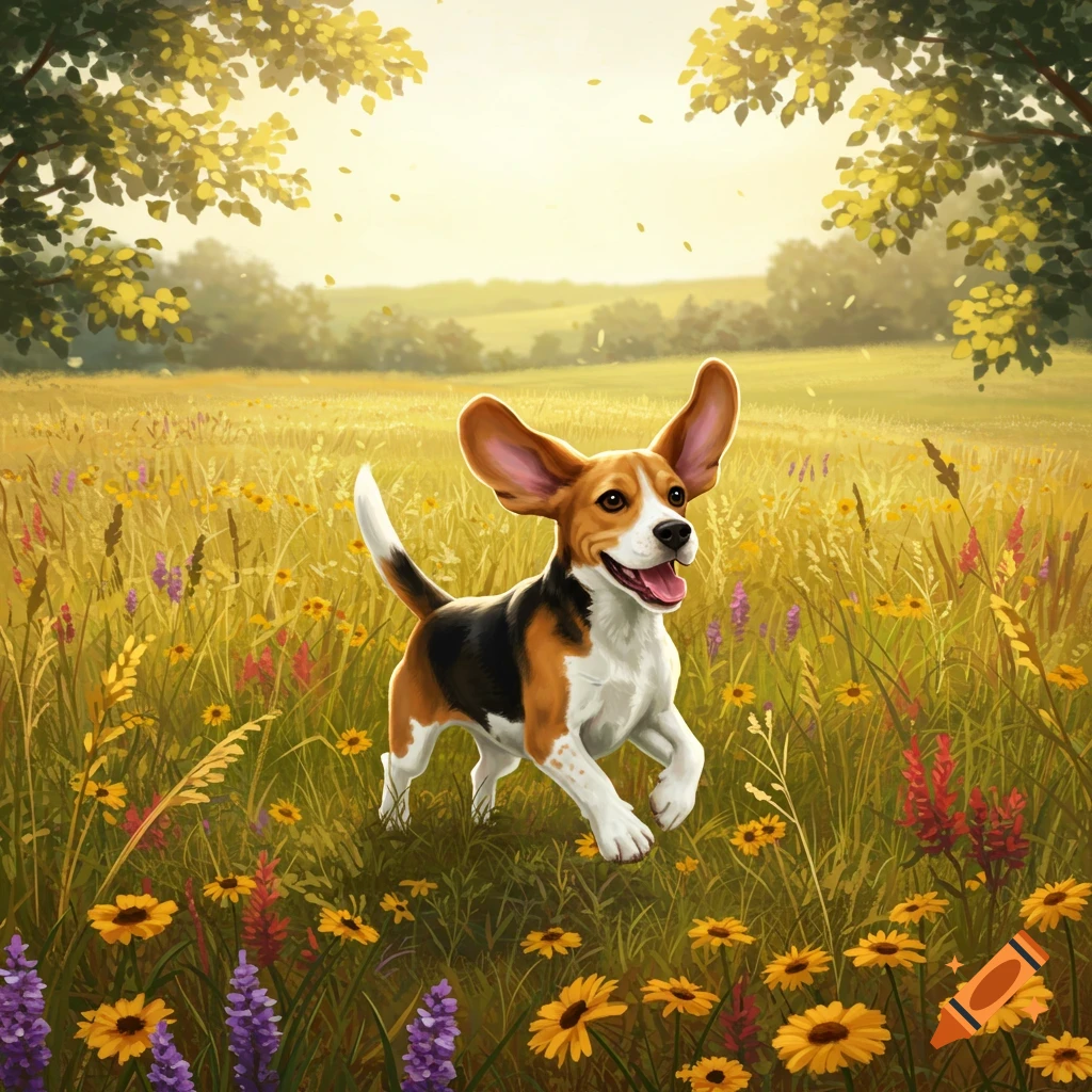 An illustration of a happy beagle puppy with large ears running through a sunlit field filled with colorful wildflowers.