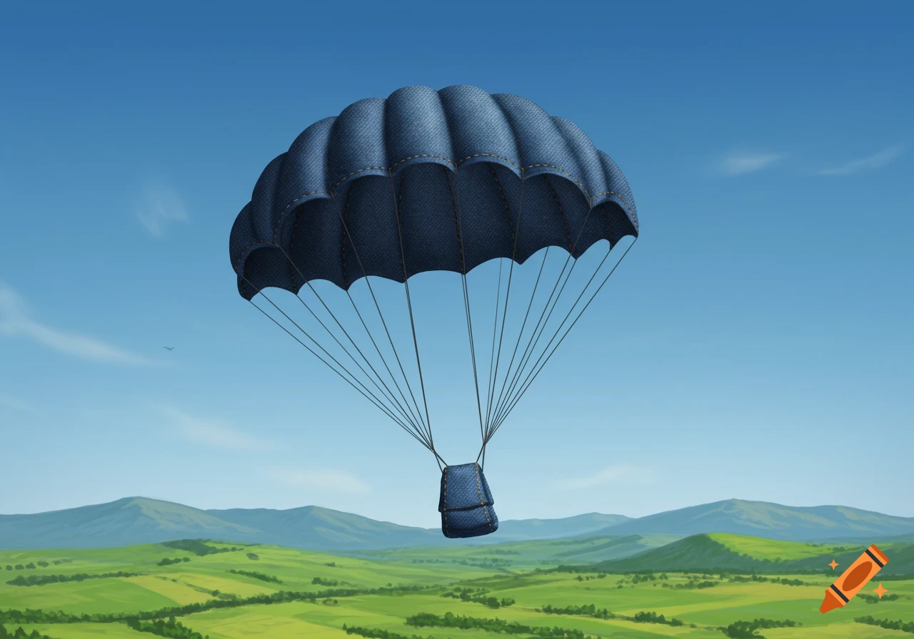 A dark blue denim parachute floats above a green, mountainous landscape under a clear blue sky.