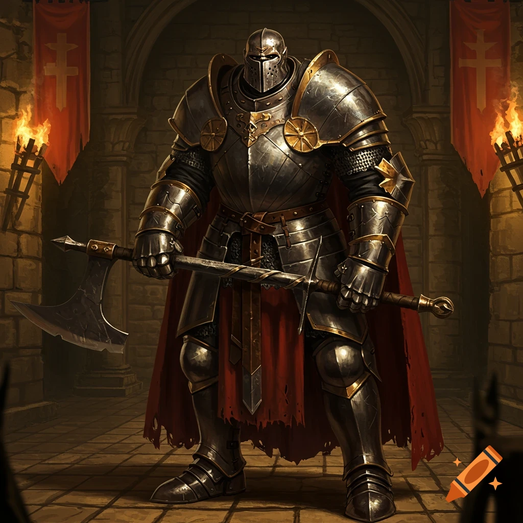 A heavily armored knight in full plate armor and a red cape holds a large axe in a torchlit dungeon.