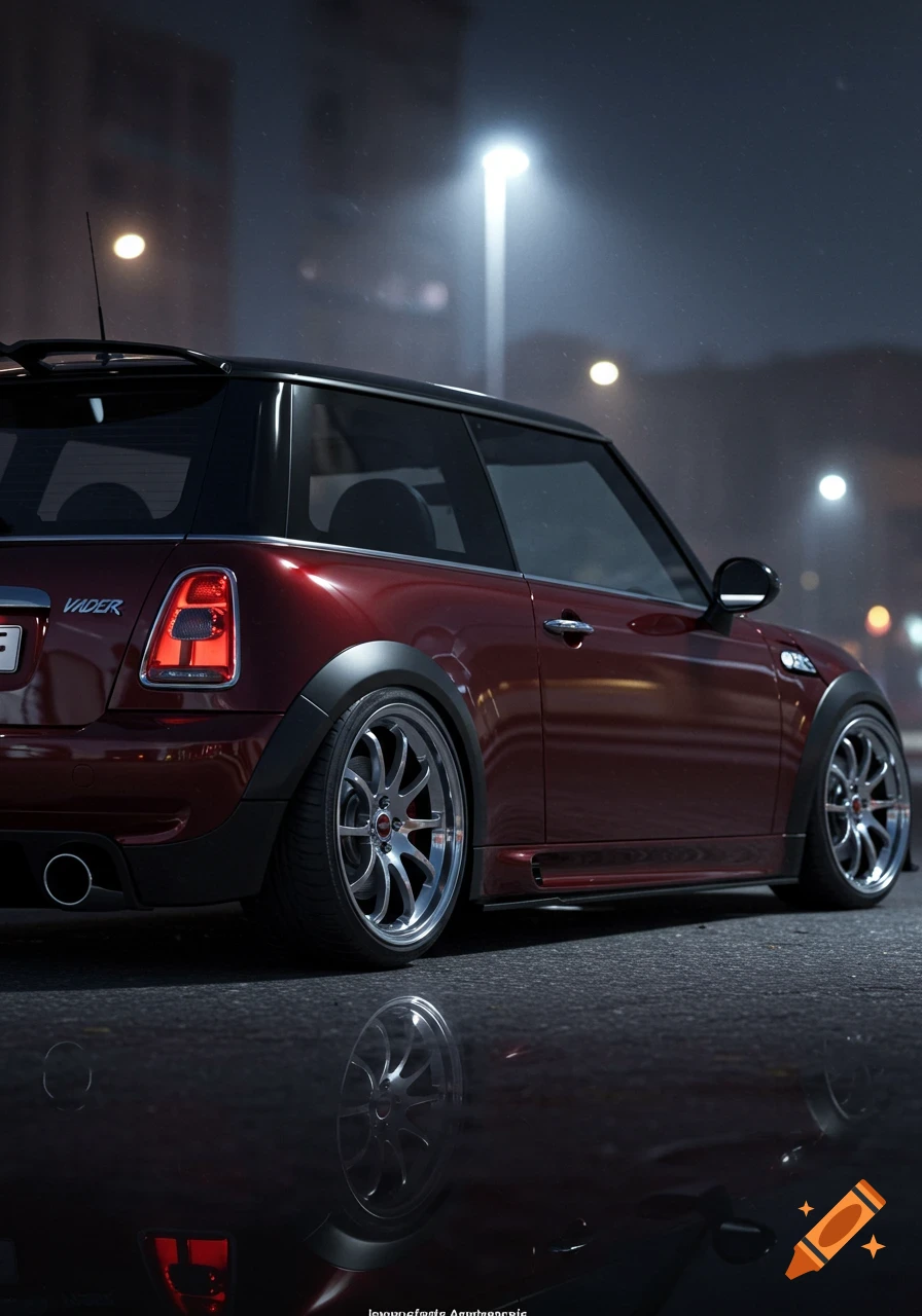 A lowered dark cherry Mini Cooper with chrome rims on a wet street at night, reflecting under a streetlamp.