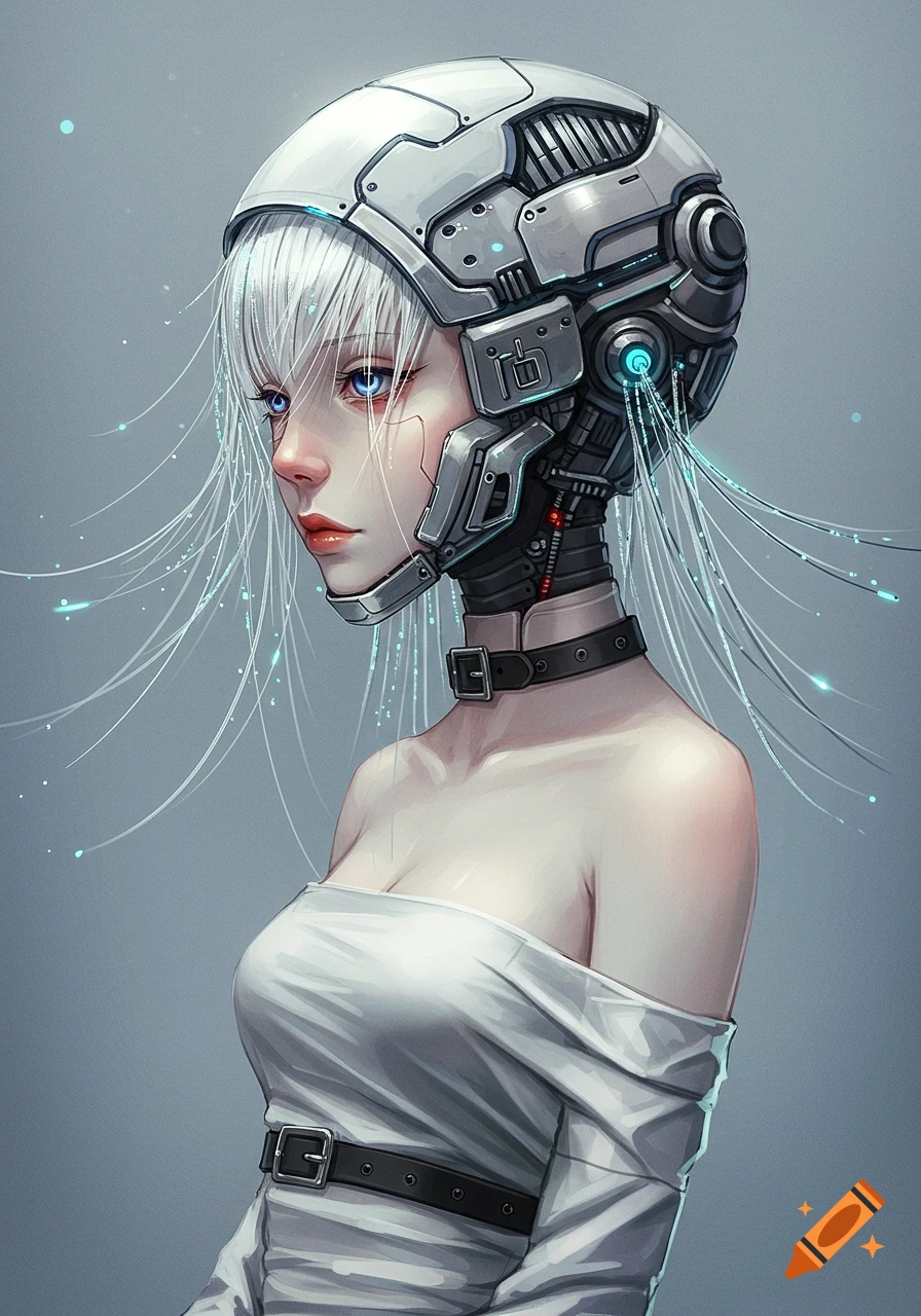 An anime girl with blue eyes, white hair, and a high-tech helmet revealing her face, wearing an off-shoulder white top with a black belt, against a grey background.