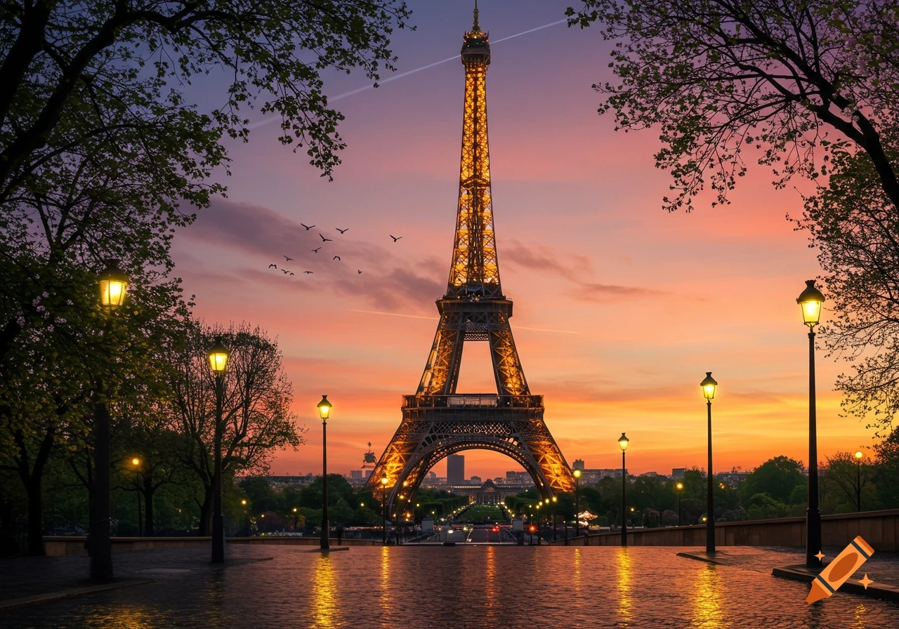 Photorealistic image of the illuminated Eiffel Tower against a vibrant sunset sky, with trees and streetlights reflecting on a wet path.