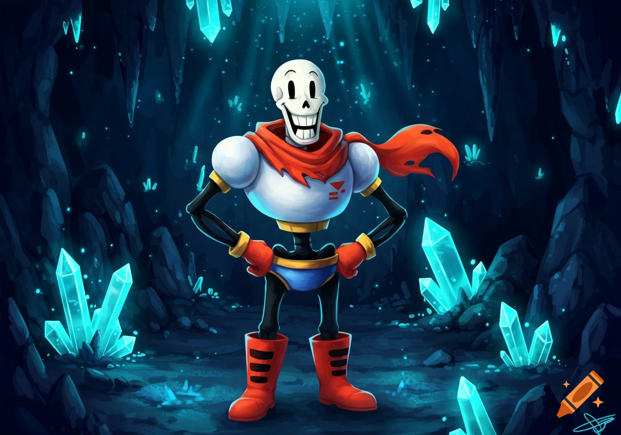 Papyrus, a tall skeletal figure in a white chest plate, red scarf, blue shorts, red gloves, and red boots, stands in a glowing crystal cave.