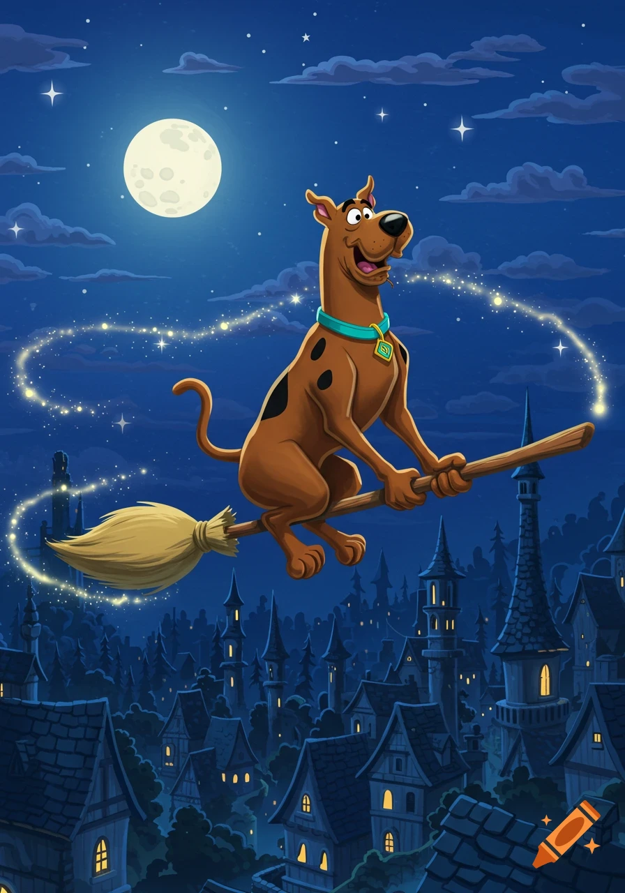 Scooby Doo flies on a broomstick over a spooky town at night under a full moon, cartoon style.