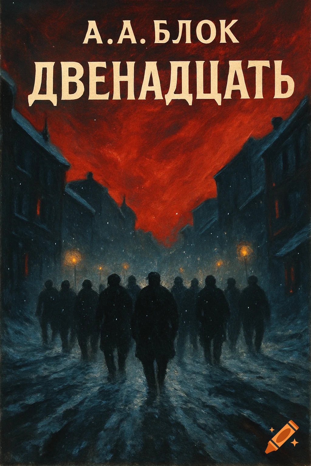 Dark art style book cover with silhouetted figures walking on a snowy street under a fiery red sky. Cyrillic text at the top.