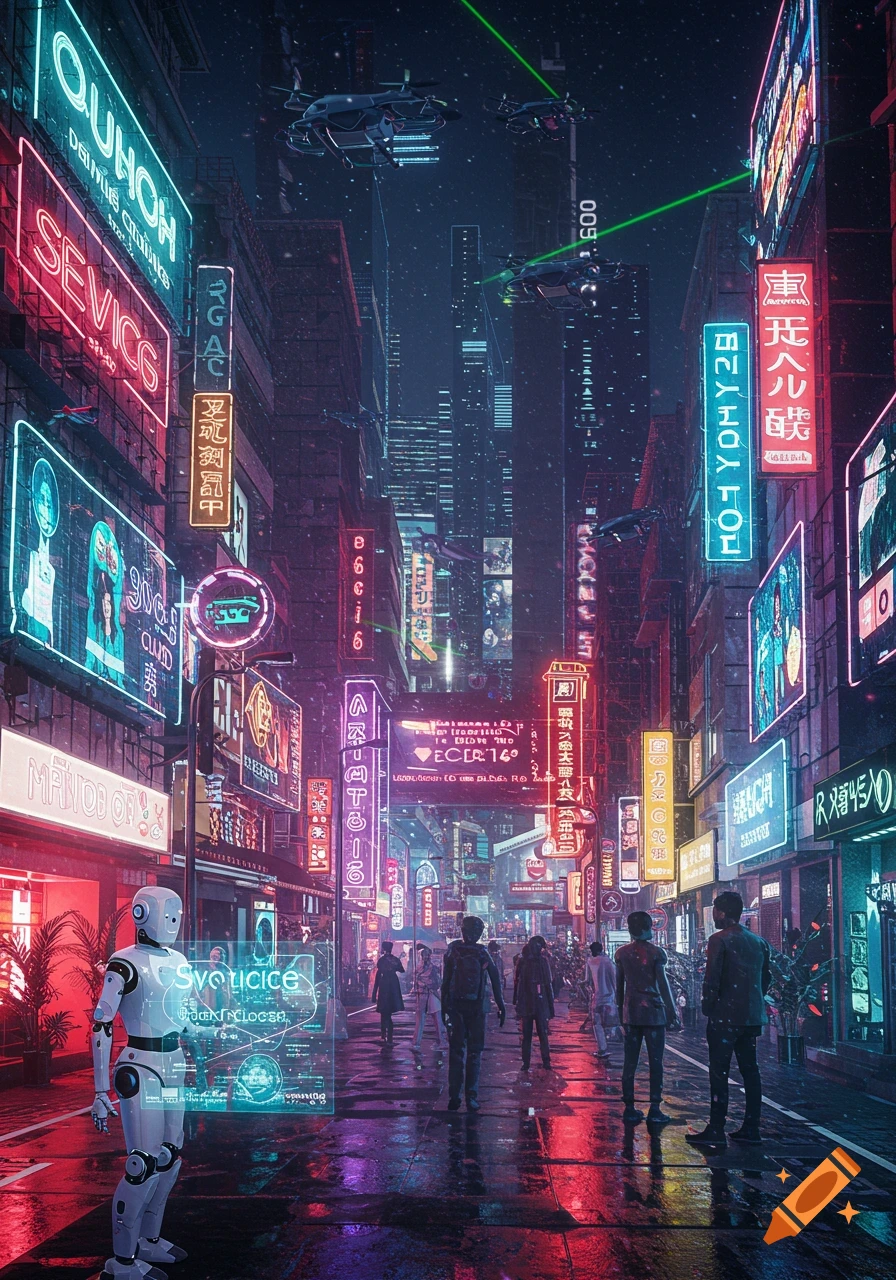 A vibrant cyberpunk city street at night, with towering buildings, numerous glowing neon signs, people walking on wet pavement, a white robot, and flying drones overhead.