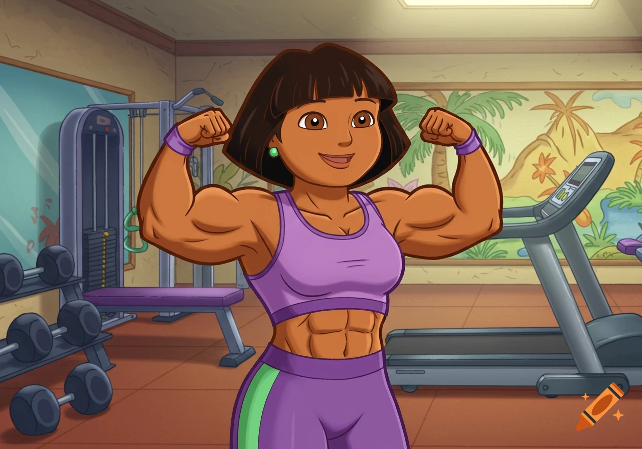 Cartoon Dora's Mami with muscular arms and abs, wearing a purple workout outfit, flexing in a gym.
