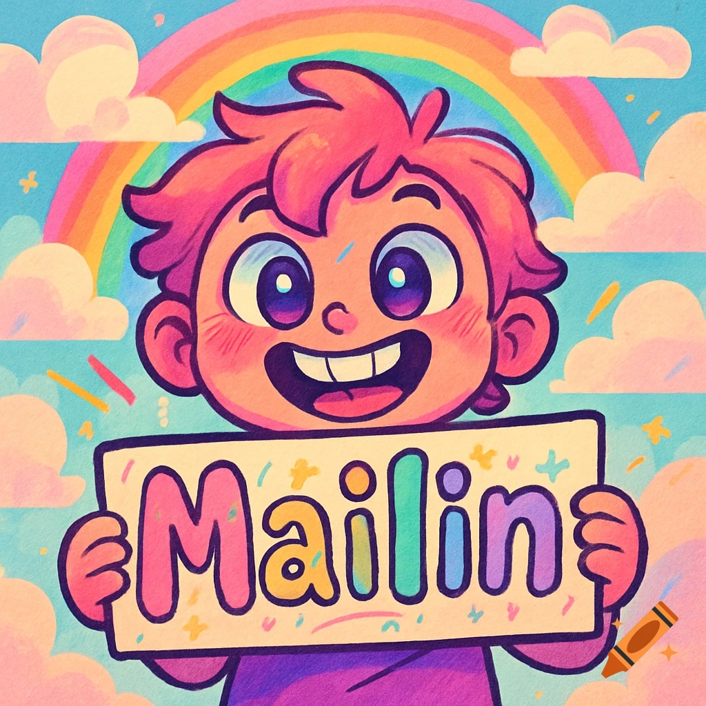 A cheerful cartoon child with pink hair holds a sign that says 'Mailin' against a bright sky with a rainbow and clouds.