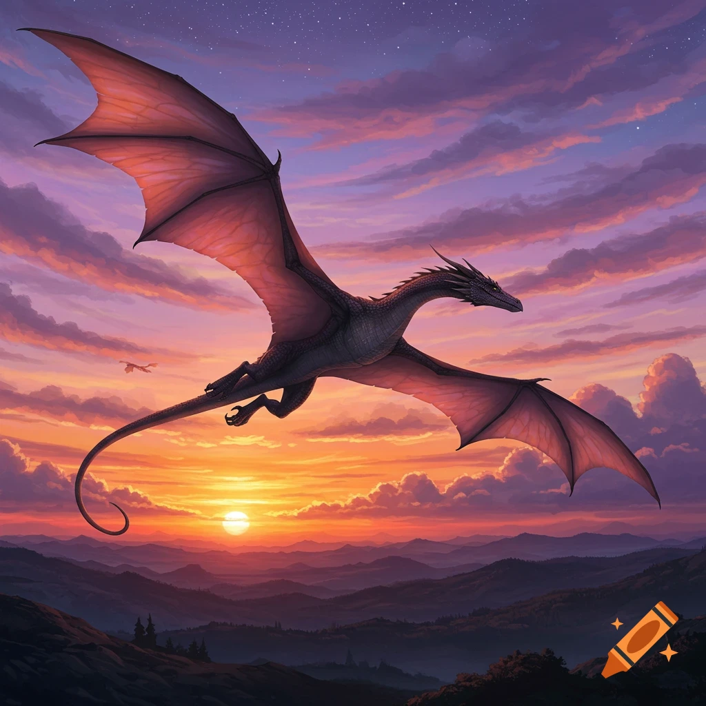 A majestic dragon with large wings flies across a vibrant sunset sky over a mountainous landscape, fantasy art style.