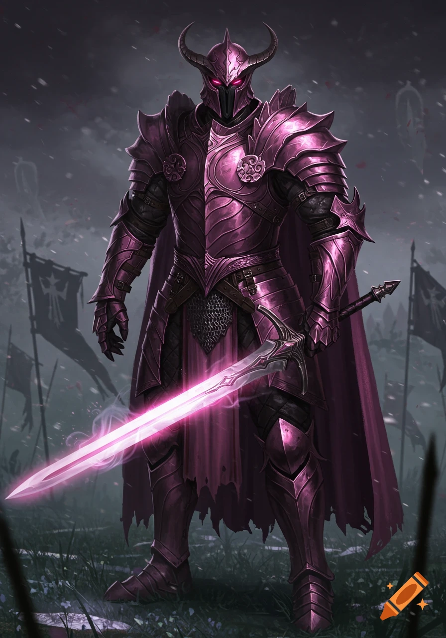 A formidable knight in glowing pink and dark armor with a horned helmet stands holding an ethereal pink sword on a misty battlefield with flags.