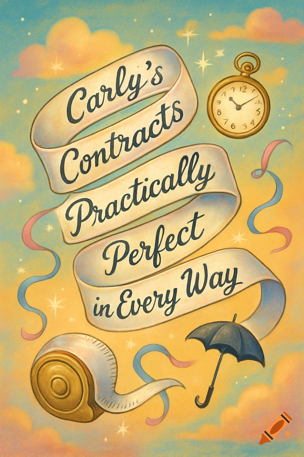 Whimsical illustration of a ribbon banner with text, a pocket watch, measuring tape, and umbrella against a cloudy sky.
