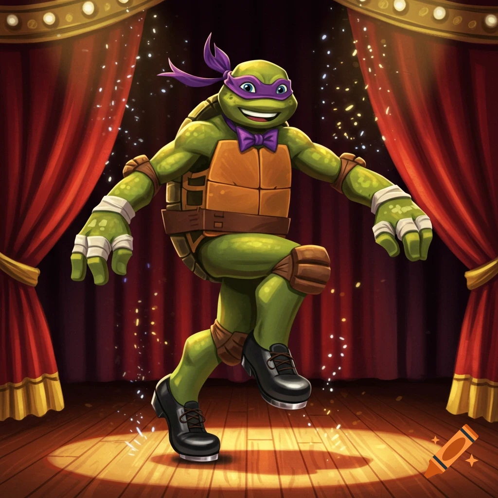 Donatello from TMNT 2012 tap dancing in a purple mask and bow tie on a spotlighted wooden stage with red curtains.