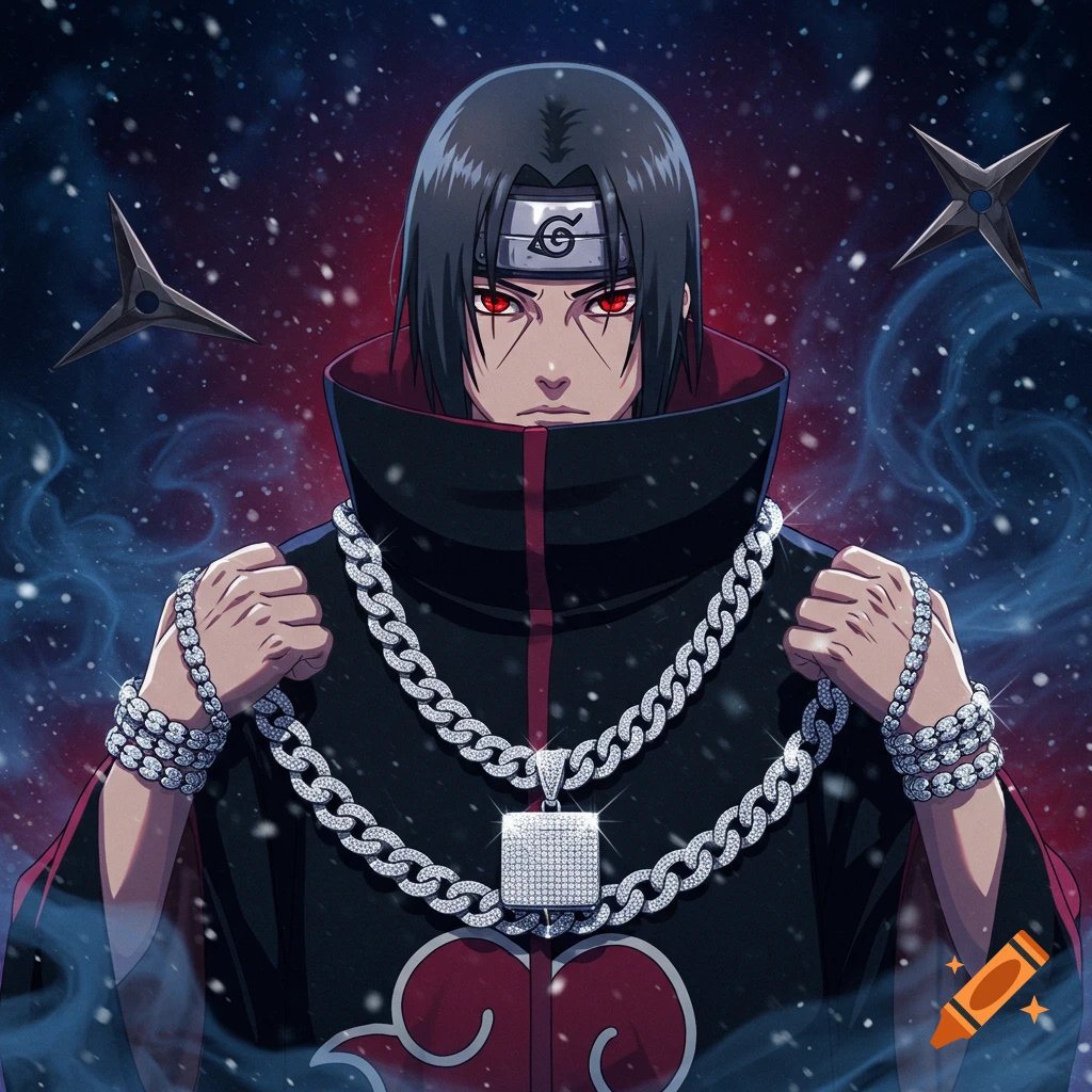 Close-up of Itachi Uchiha from Naruto in anime style, wearing a diamond chain necklace, diamond bracelets, and a square diamond pendant, against a snowy blue and red background with shurikens.