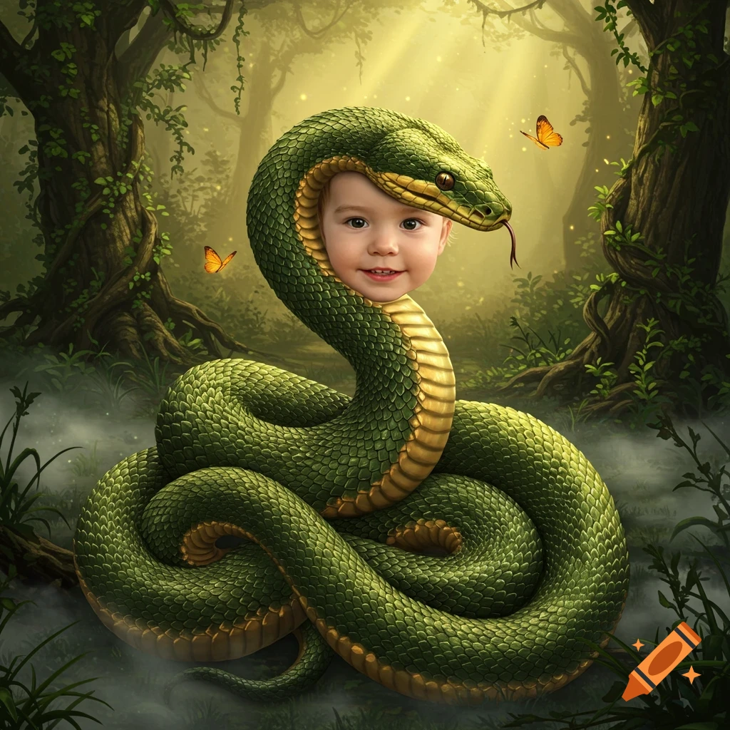 A smiling child's head on a green and gold snake body coiled in a mystical jungle with butterflies.