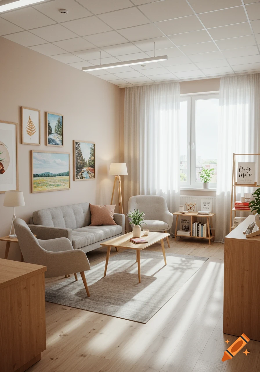 A bright, modern living room with a gray sofa, two armchairs, a wooden coffee table, and nature-themed art on the light peach walls. Sunlight streams in through a large window.