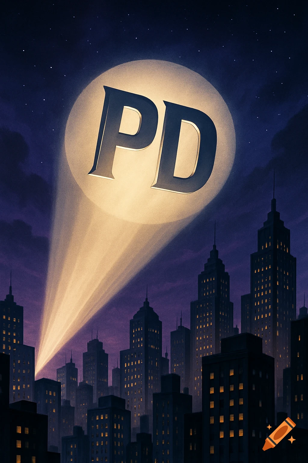 Nighttime cityscape with a spotlight projecting a large 'PD' symbol onto the dark, starry sky, in a comic style.
