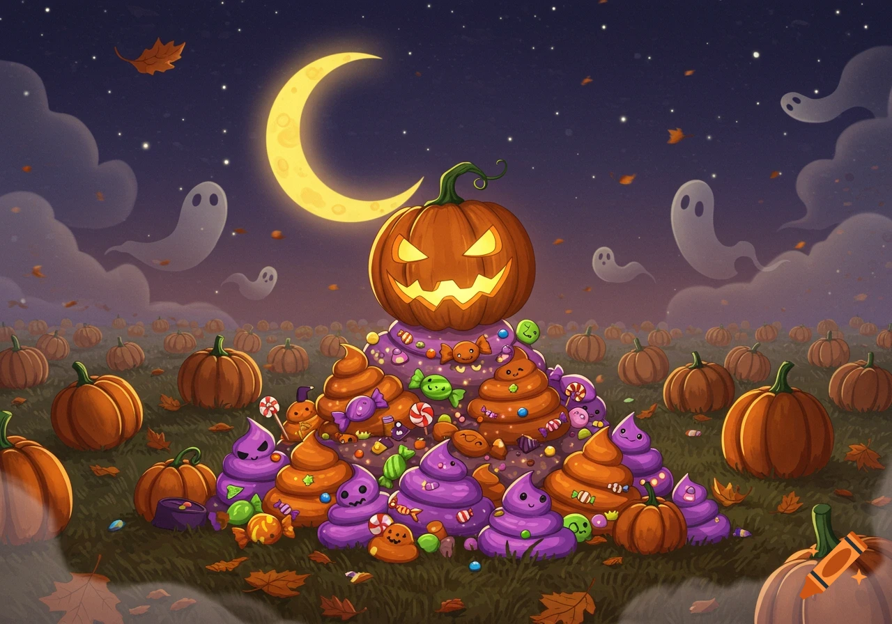 Cartoon Halloween night scene with a glowing jack-o'-lantern atop colorful candy piles, surrounded by pumpkins, ghosts, and a crescent moon.