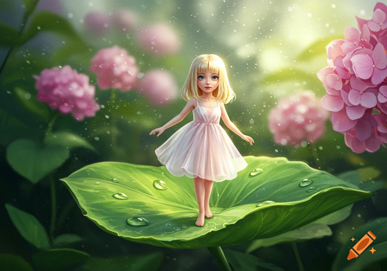 A tiny blonde girl in a pink dress stands on a dewy green leaf, surrounded by blurred pink flowers and glowing light in a fantasy illustration.