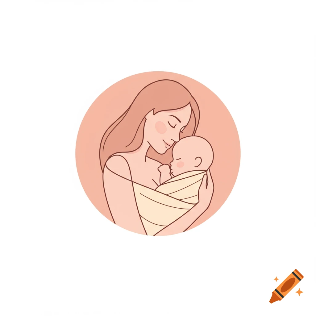 Minimalist illustration of a mother holding a swaddled baby within a peach-colored circle, symbolizing motherhood.