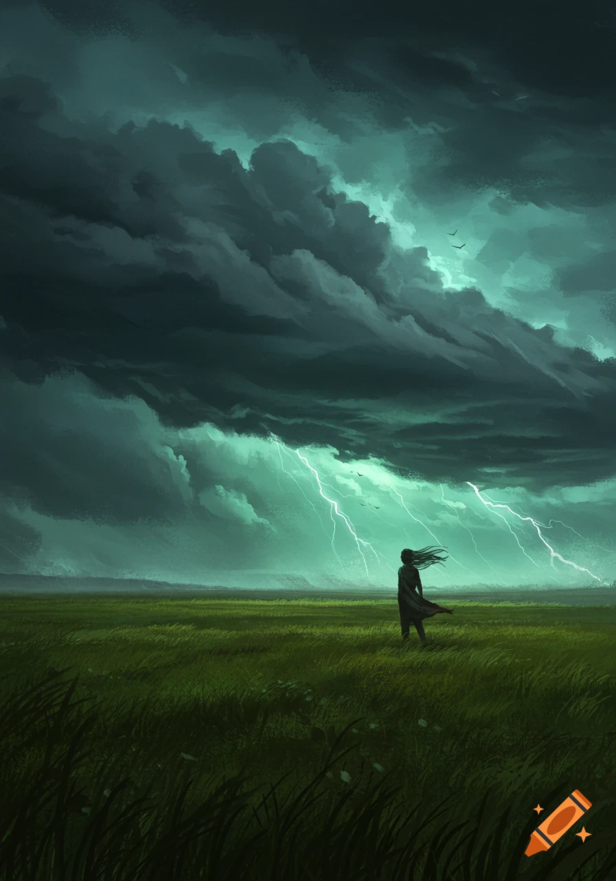 A lone figure stands in a vast green field under a dark, stormy sky with bright lightning bolts.