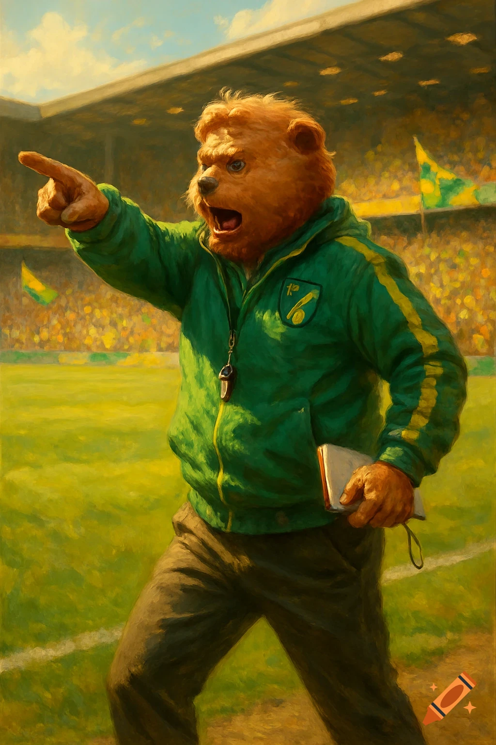 A bear mascot, dressed in a green and yellow tracksuit, points and shouts on a football field during a sunny day.