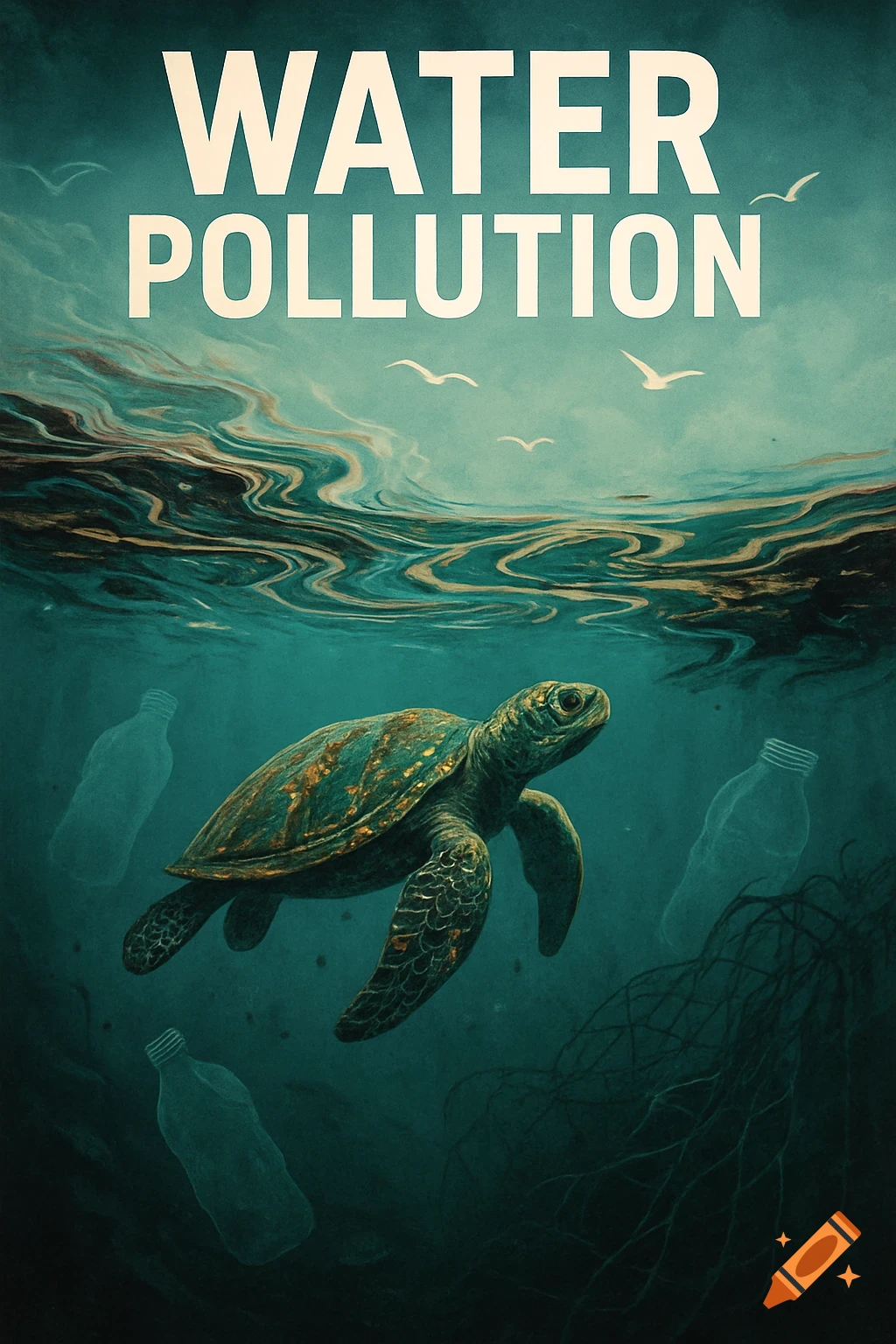 Stylized illustration of a sea turtle swimming among plastic bottles underwater, with 'WATER POLLUTION' text above.