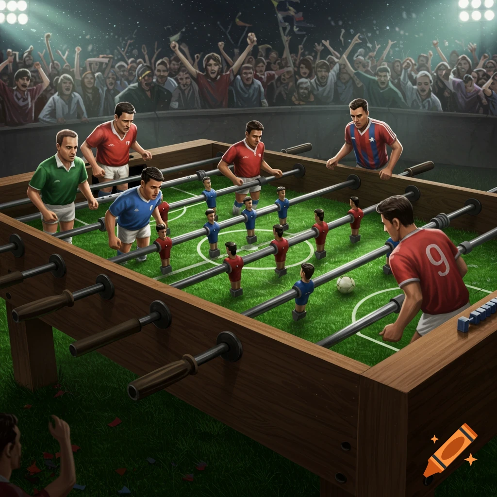 A foosball game with real-looking players positioned on the rods in a large stadium with a cheering crowd under bright lights.