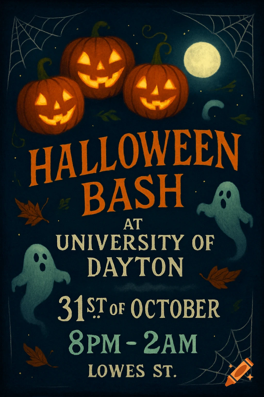 Halloween Bash invitation with jack-o'-lanterns, ghosts, and event details, stylized illustration.