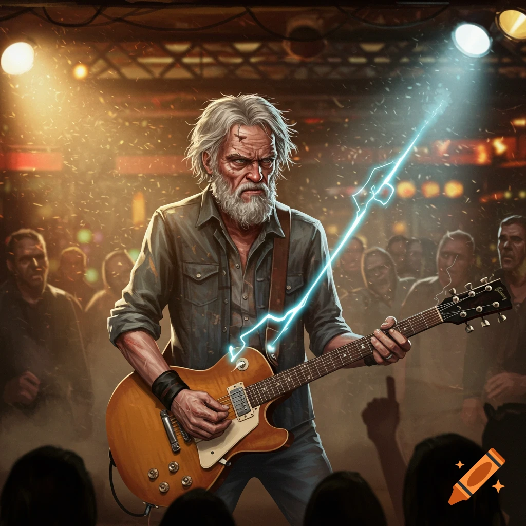 A grumpy, gray-haired old man plays an electric guitar with lightning at a concert. Photorealistic.