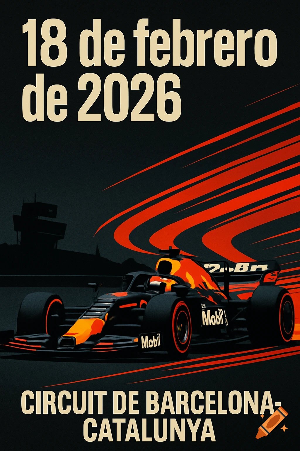 A minimalist F1 poster features a black and orange Red Bull Racing car on a dark track with red speed lines, text reads "18 de febrero de 2026" and "CIRCUIT DE BARCELONA-CATALUNYA".