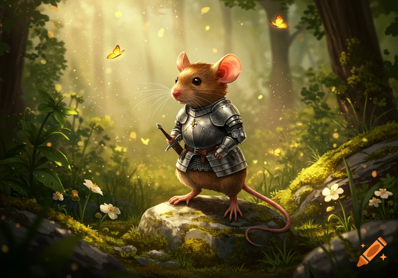 A whimsical illustration of a brown mouse in shining knight's armor, holding a tiny sword, standing on a mossy rock in a sun-dappled forest with butterflies.