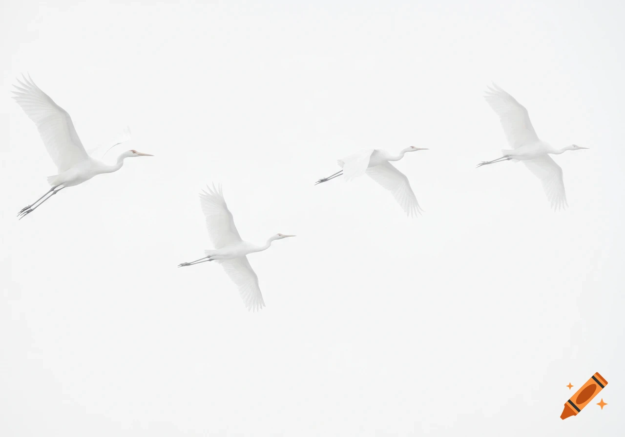 Four white cranes with light orange beaks fly against a stark white background in a minimalist style.