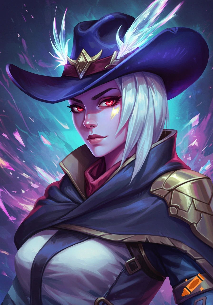 Vibrant stylized illustration of a female character with white hair, glowing red eyes, and a blue cowboy hat.