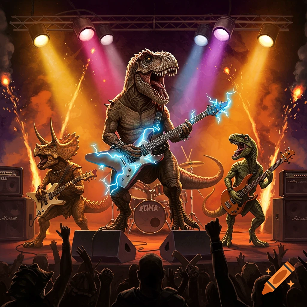 A T-Rex, triceratops, and another dinosaur play electric guitars on stage with colorful lights, sparks, and an audience.