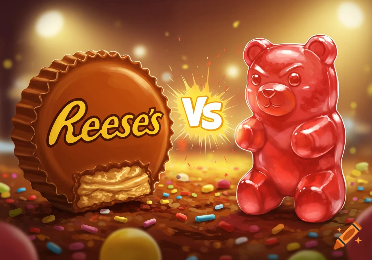 An illustration of a Reese's Peanut Butter Cup with a bite taken out, facing off against an angry red gummy bear amidst colorful sprinkles.