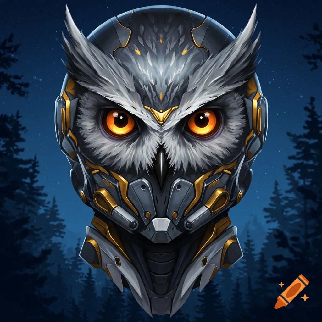 Close-up of a detailed, futuristic fighter pilot helmet designed with an owl's head, featuring bright orange eyes and metallic gray and gold accents, against a dark forest background.