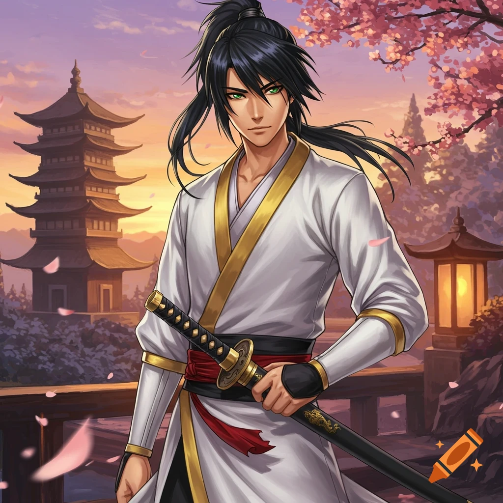 Anime painting of a young man in a white kimono holding a katana, standing on a bridge near a pagoda and cherry blossoms at sunset.