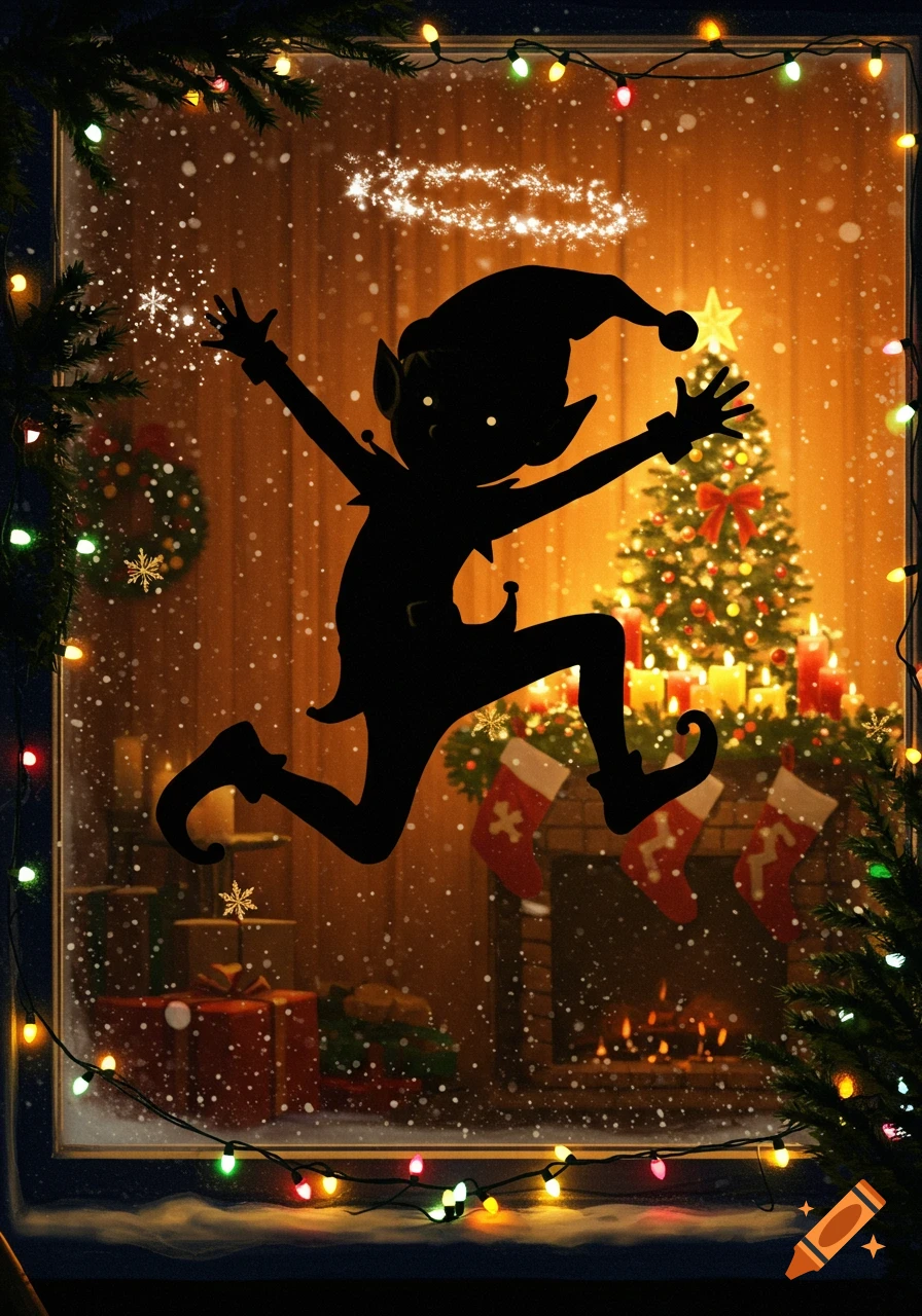 A black silhouette of a mischievous elf jumping in a festive window with Christmas lights, overlooking a warm holiday scene.