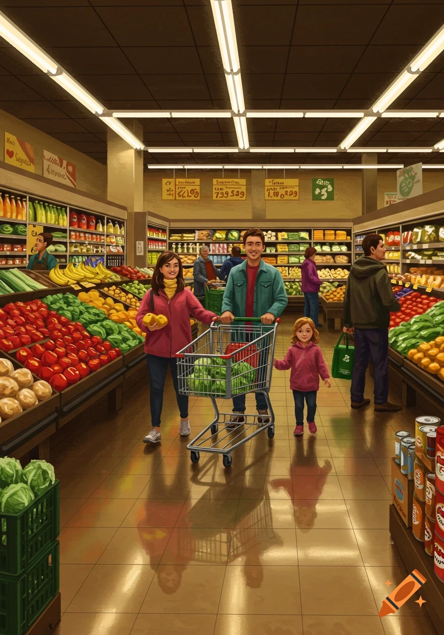 A smiling family, a man, woman, and young girl, push a shopping cart full of produce down an aisle in a grocery store.
