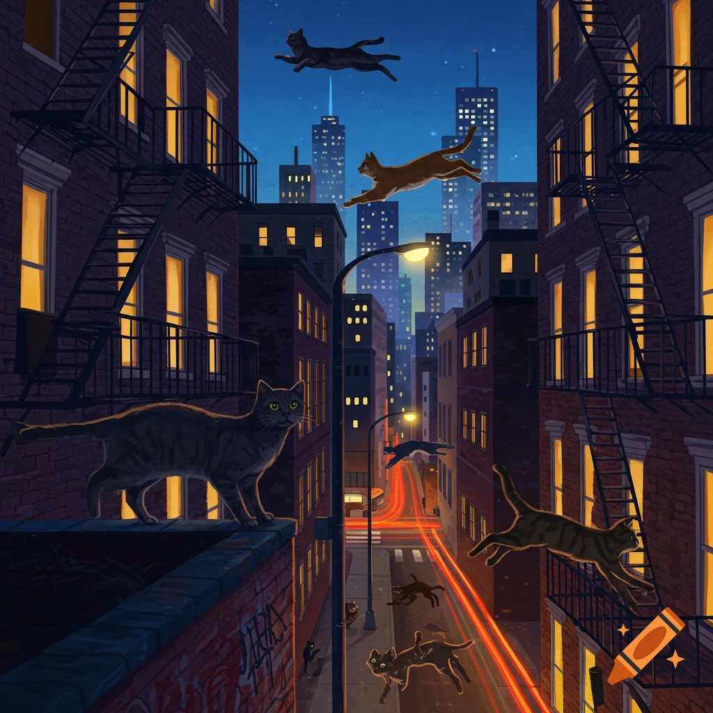 Several cats leap and stand on rooftops and streets of a stylized, illuminated city at night.