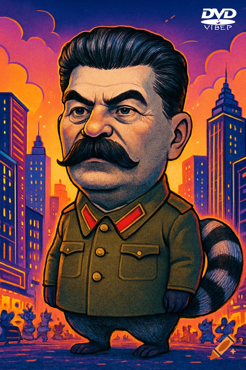 Cartoon caricature of Stalin's head on a raccoon body, dressed in a military uniform, standing in a vibrant city at sunset, like a DVD cover.