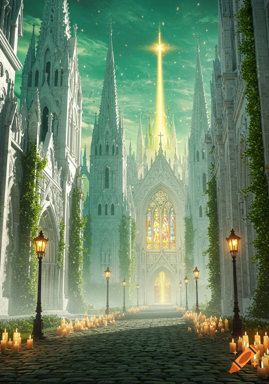 Ornate Gothic cathedral with spires and stained glass, glowing under a green sky, path lined with candles and lanterns.