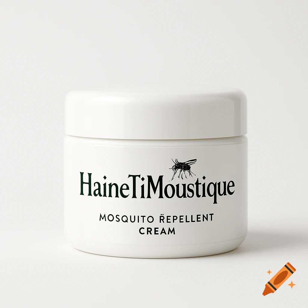 A white jar of HaineTiMoustique mosquito repellent cream with a mosquito logo, on a white background.