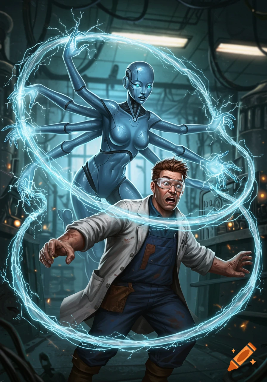 A surprised male scientist in a lab coat is surrounded by blue electricity, while a multi-armed blue robot with glowing eyes stands behind him in a futuristic lab.