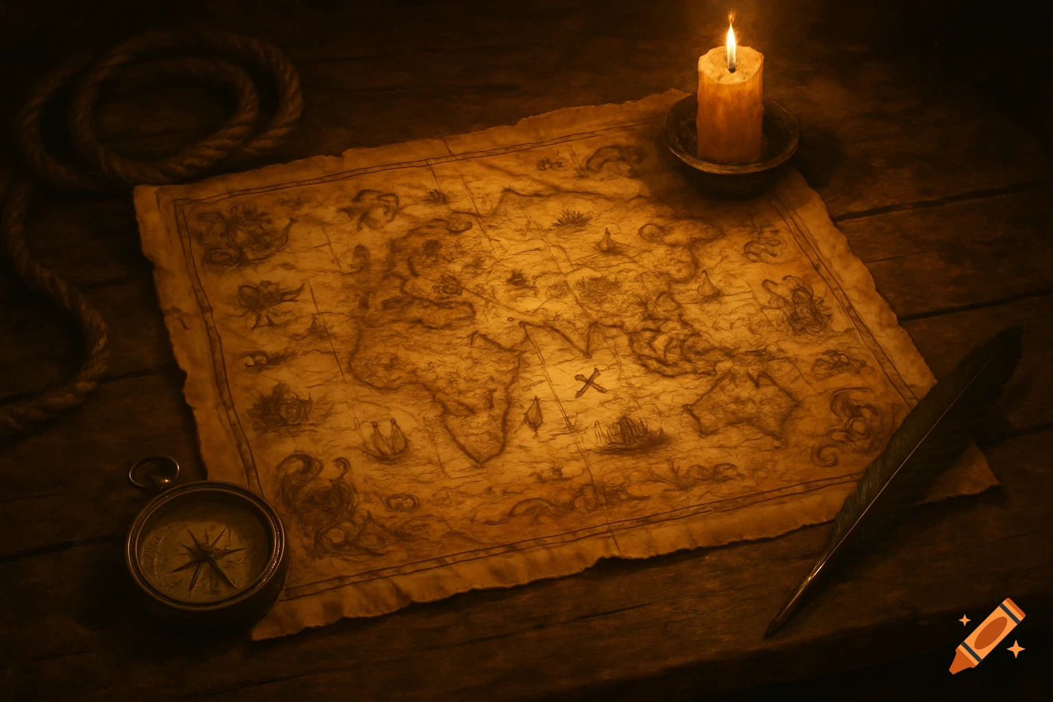 An old, crumpled parchment treasure map illuminated by a burning candle, with a compass, quill, and rope on a wooden table.