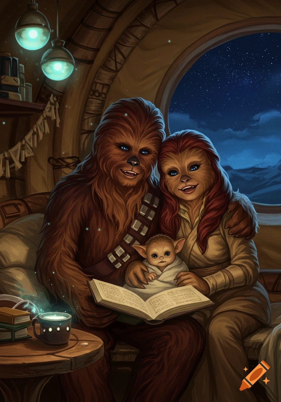 A Wookie couple and a baby Grogu-like creature read a book together in a cozy, softly lit room at night.