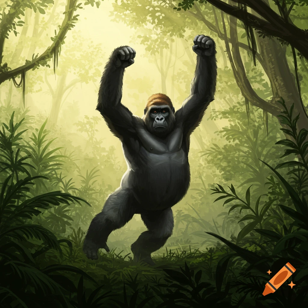 A powerful silverback gorilla stands with its arms raised in a lush, misty jungle, depicted in an illustrative style.