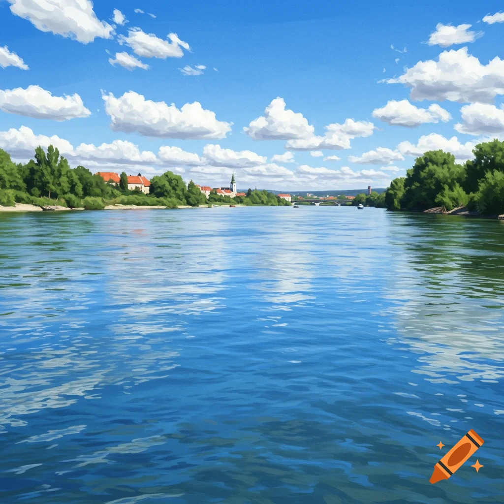 Painterly scene of a wide blue river reflecting a bright sky, with green trees and red-roofed buildings lining its banks.