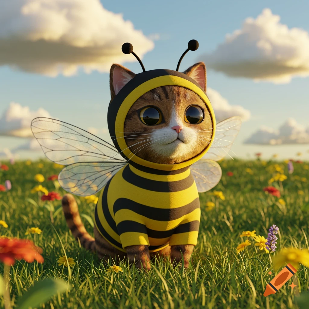 A cute 3D render of a fluffy cat wearing a yellow and black striped bee costume with wings, sitting in a sunny green meadow among wildflowers.