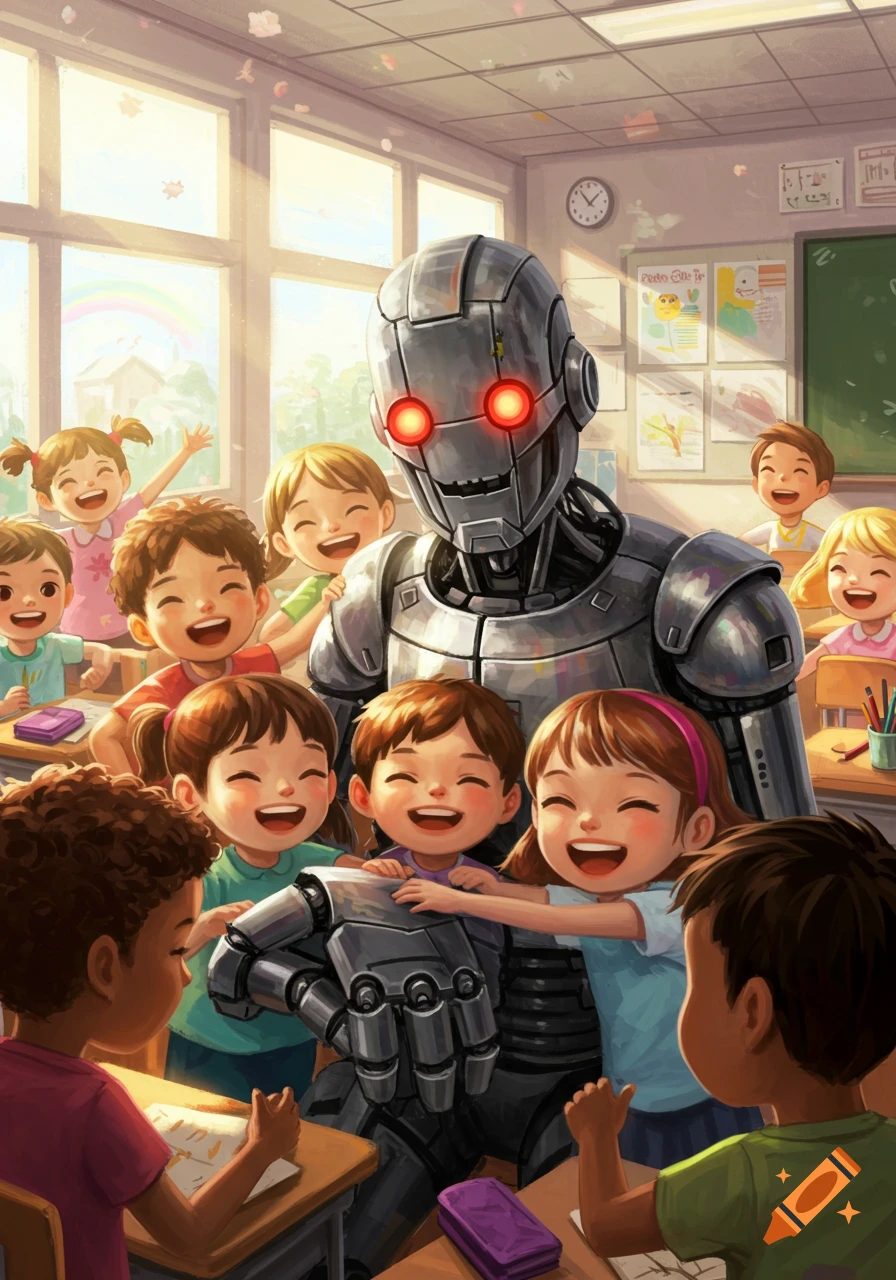 A friendly robot with glowing red eyes is hugged by many smiling children in a bright classroom.